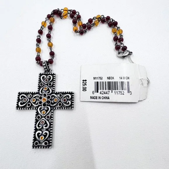 NWT - Nine West - Jeweled Heart Cross Silver Tone Red & Yellow Beaded 14” Choker - Picture 6 of 8